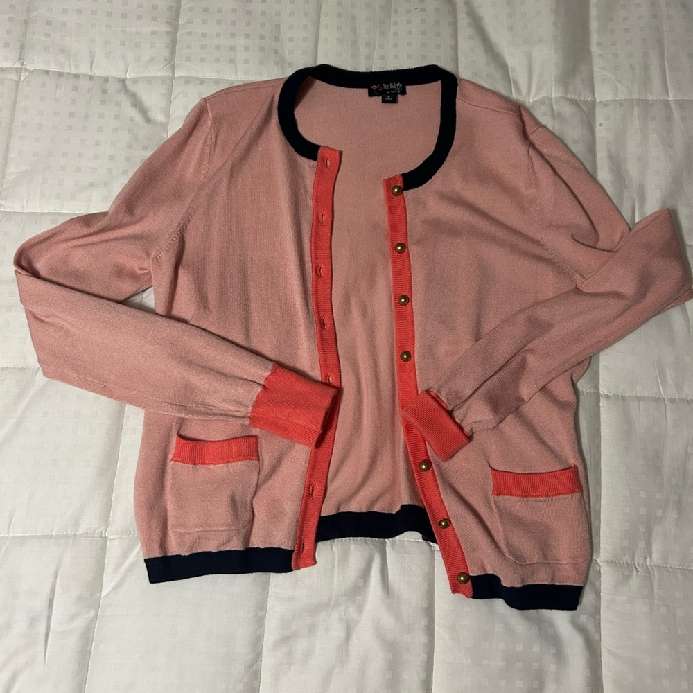 The Webster at Target Pink Cardigan with Coral Trim and Navy Edging